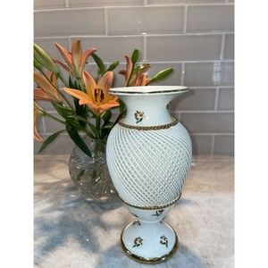 Vintage Italian Porcelain Vase, Reticulated Woven Hand Painted Floral Gold Trim